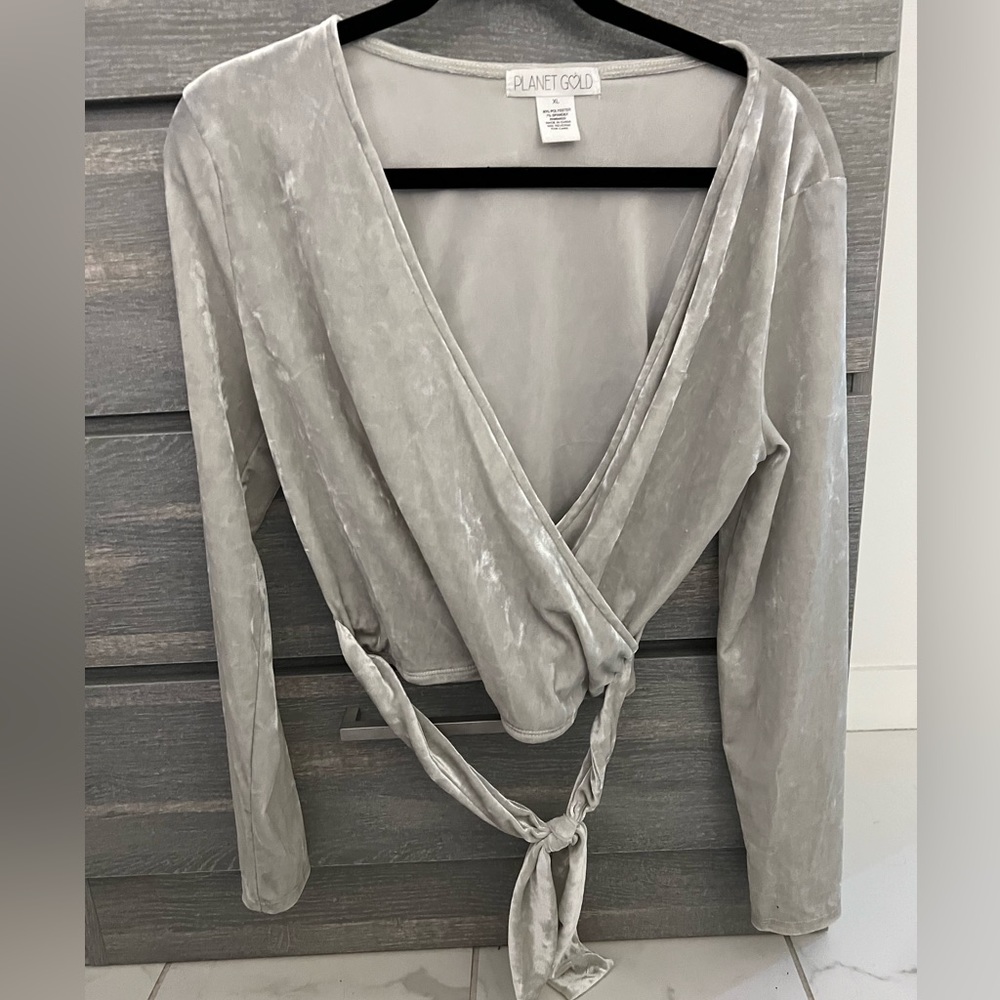 Planet Gold Silver Crushed Velvet Crop Top with Tie Detail